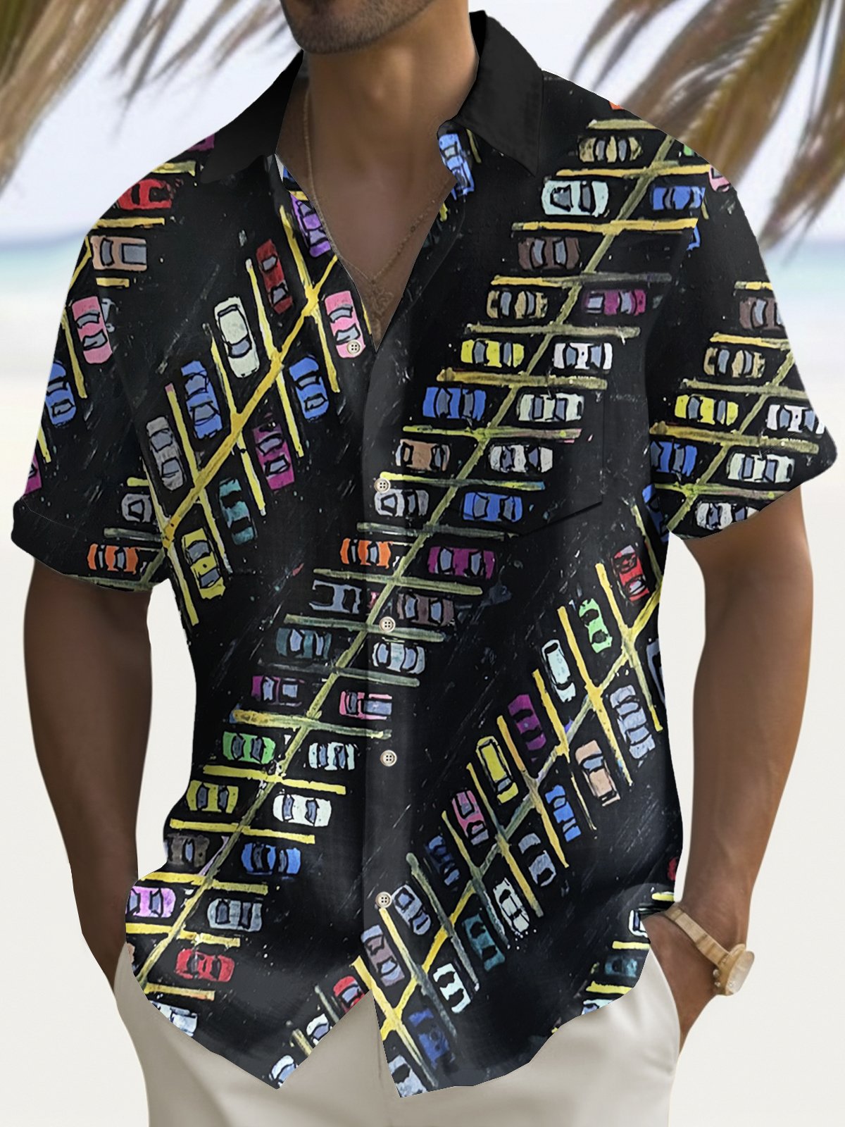 Royaura® Vintage Parking Car Geometric Print Men's Chest Pocket Stretch Shirt Big Tall