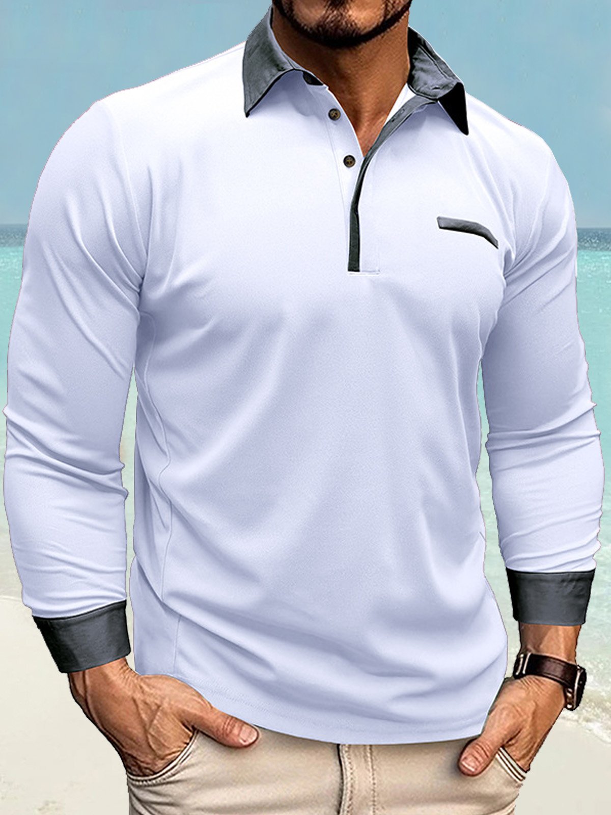 Royaura® Retro Basic Long Sleeve Lapel Button Pocket Polo Shirt