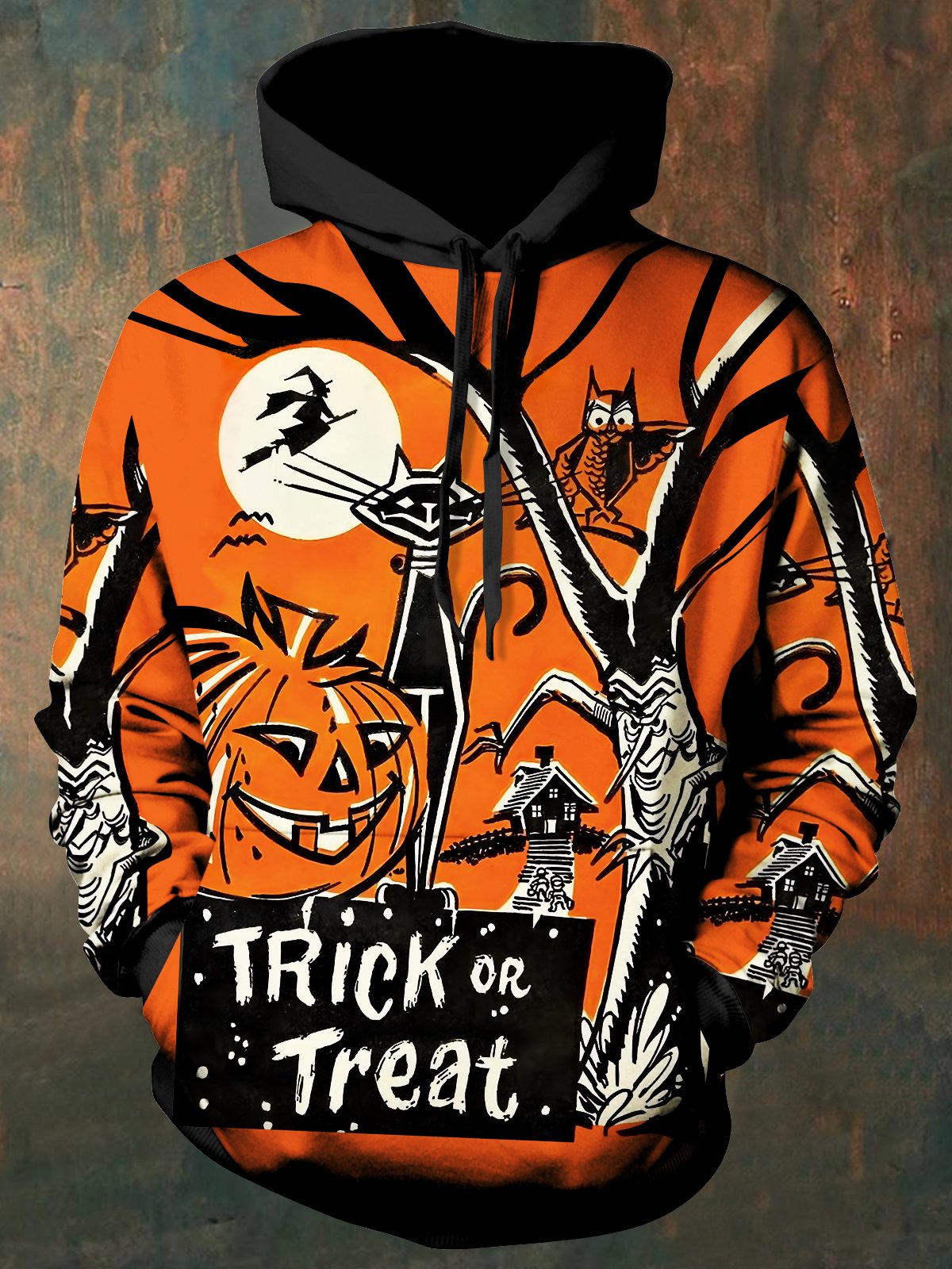 Royaura® Halloween Pumpkin Print Men's Drawstring Hoodie Stretch Plus Size Camping Outdoor Pullover Sweatshirt