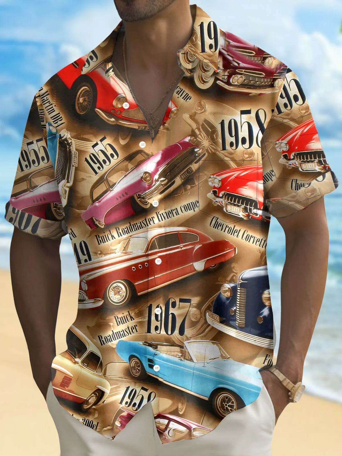 Royaura® 60s Retro Classic Car 3D Digital Print Men's Button Pocket Short Sleeve Shirt Big & Tall