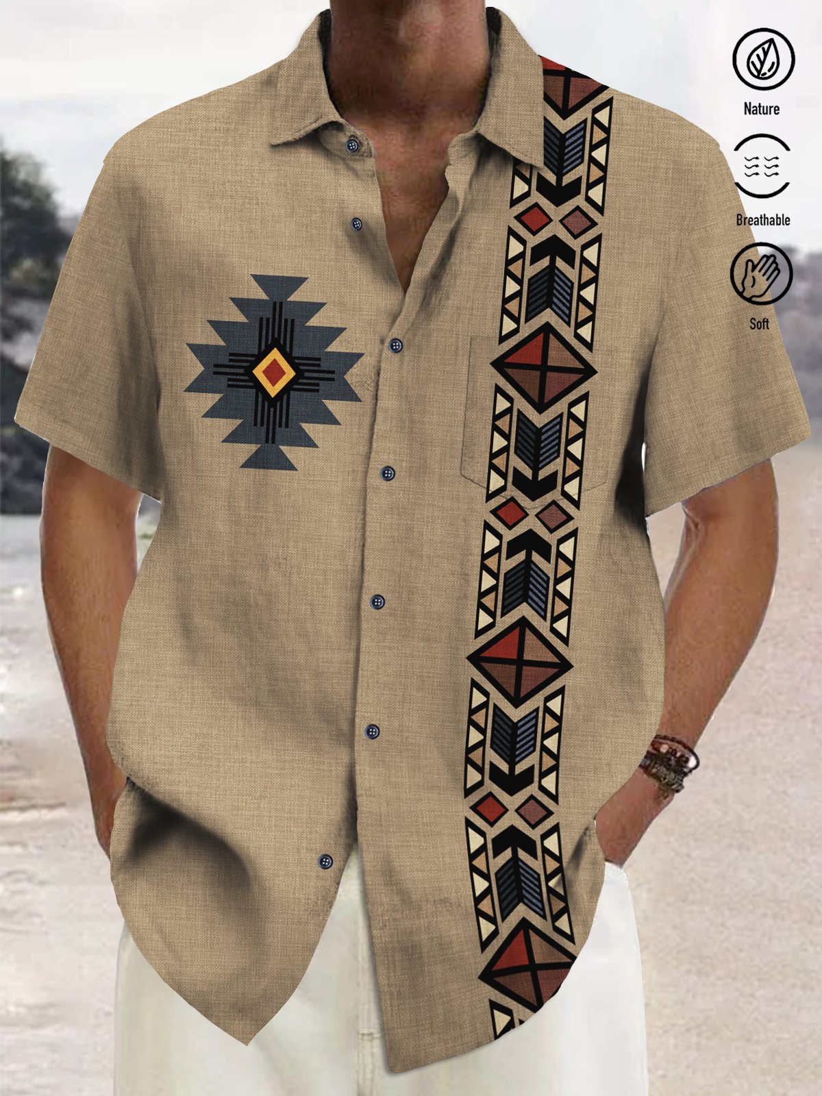 Royaura® Vintage Bowling Ethnic Pattern Print Men's Chest Pocket Stretch Shirt Big Tall