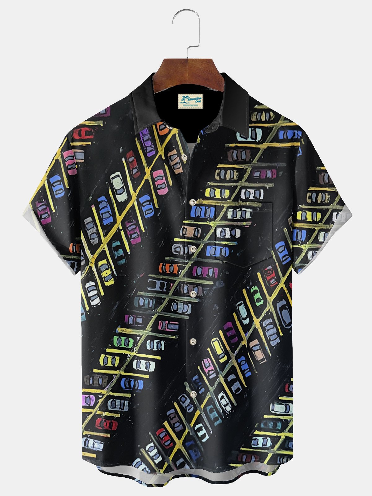 Royaura® Vintage Parking Car Geometric Print Men's Chest Pocket Stretch Shirt Big Tall