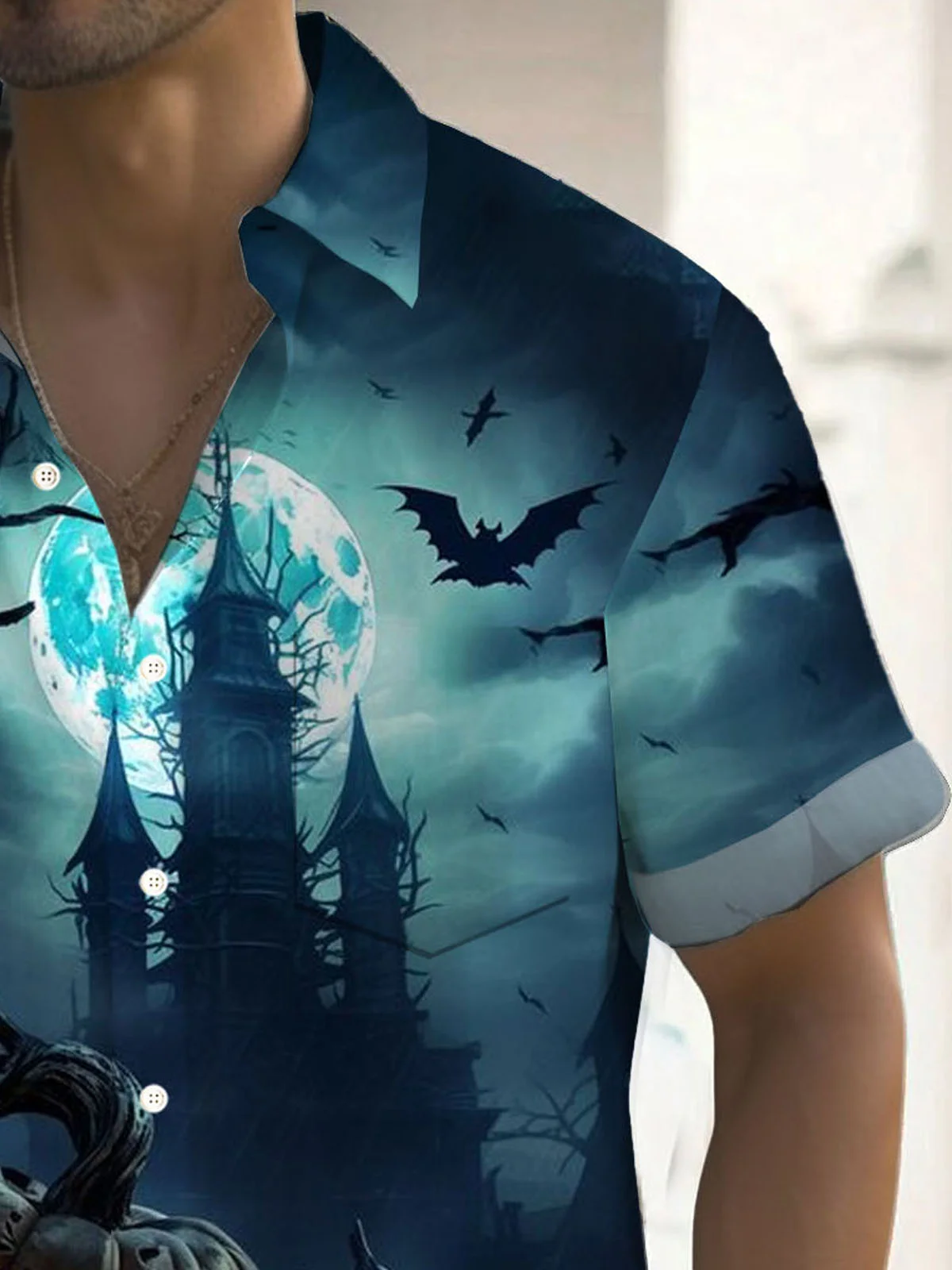 Royaura® Halloween Pumpkin Bat Gradient 3D Digital Print Men's Button Pocket Short Sleeve Shirt Big & Tall