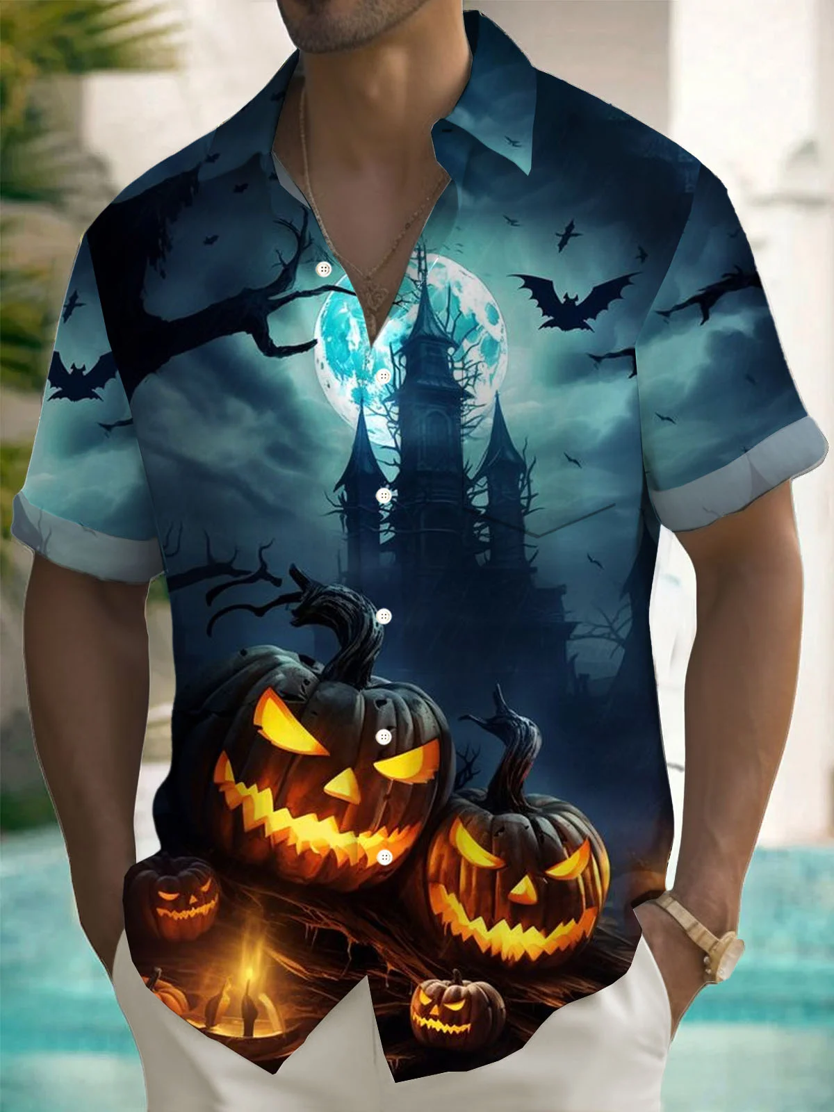 Royaura® Halloween Pumpkin Bat Gradient 3D Digital Print Men's Button Pocket Short Sleeve Shirt Big & Tall