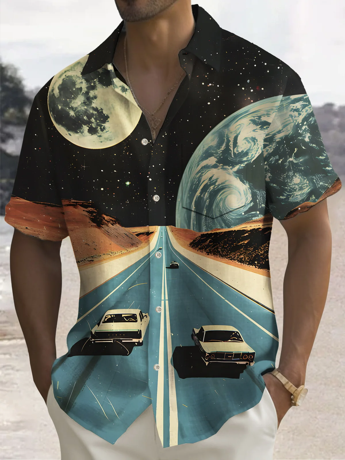 Royaura® Vintage Car Art Poster Print Chest Pocket Stretch Shirt Big Tall