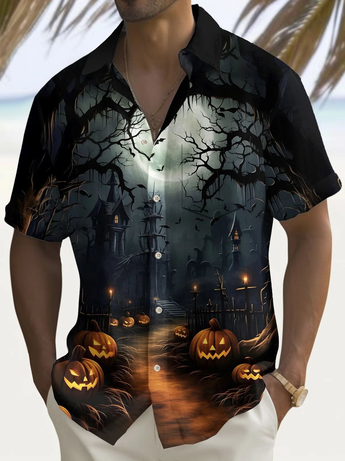 Royaura® Halloween Pumpkin Haunted House Print Men's Chest Pocket Stretch Shirt Big Tall