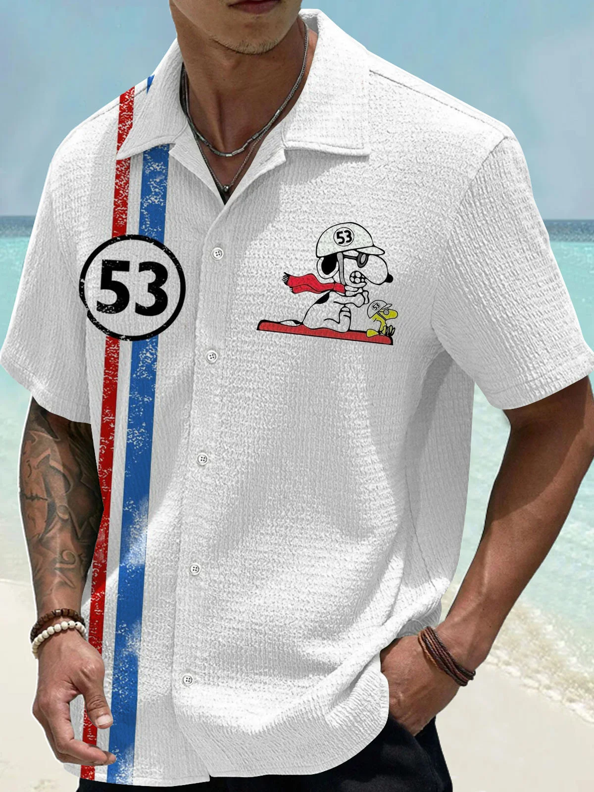 Royaura® Retro No. 53 Classic Car 3D Digital Print Men's Button Pocket Short Sleeve Shirt Big & Tall