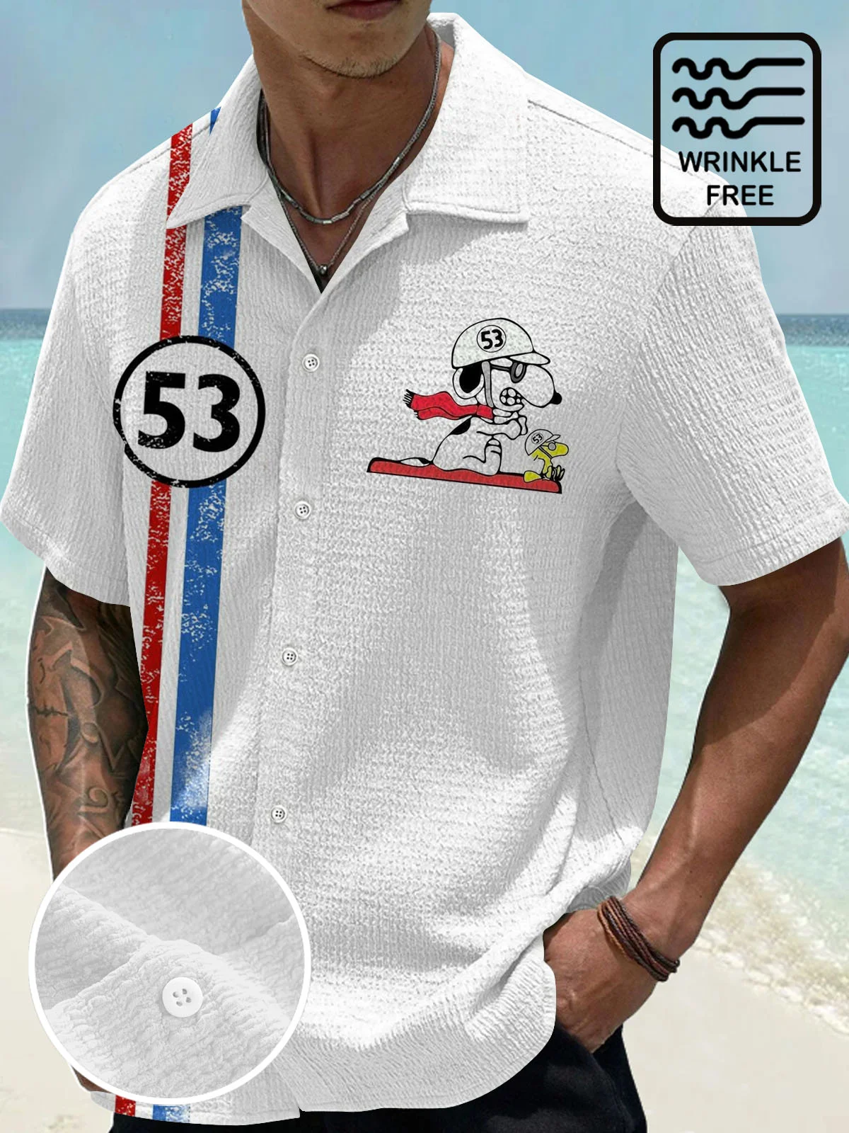 Royaura® Retro No. 53 Classic Car 3D Digital Print Men's Button Pocket Short Sleeve Shirt Big & Tall