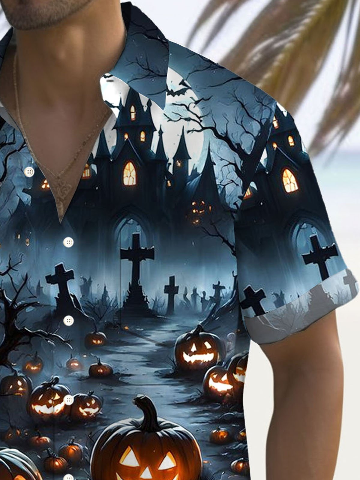 Royaura® Halloween Pumpkin Bat Gradient 3D Digital Print Men's Button Pocket Short Sleeve Shirt Big & Tall