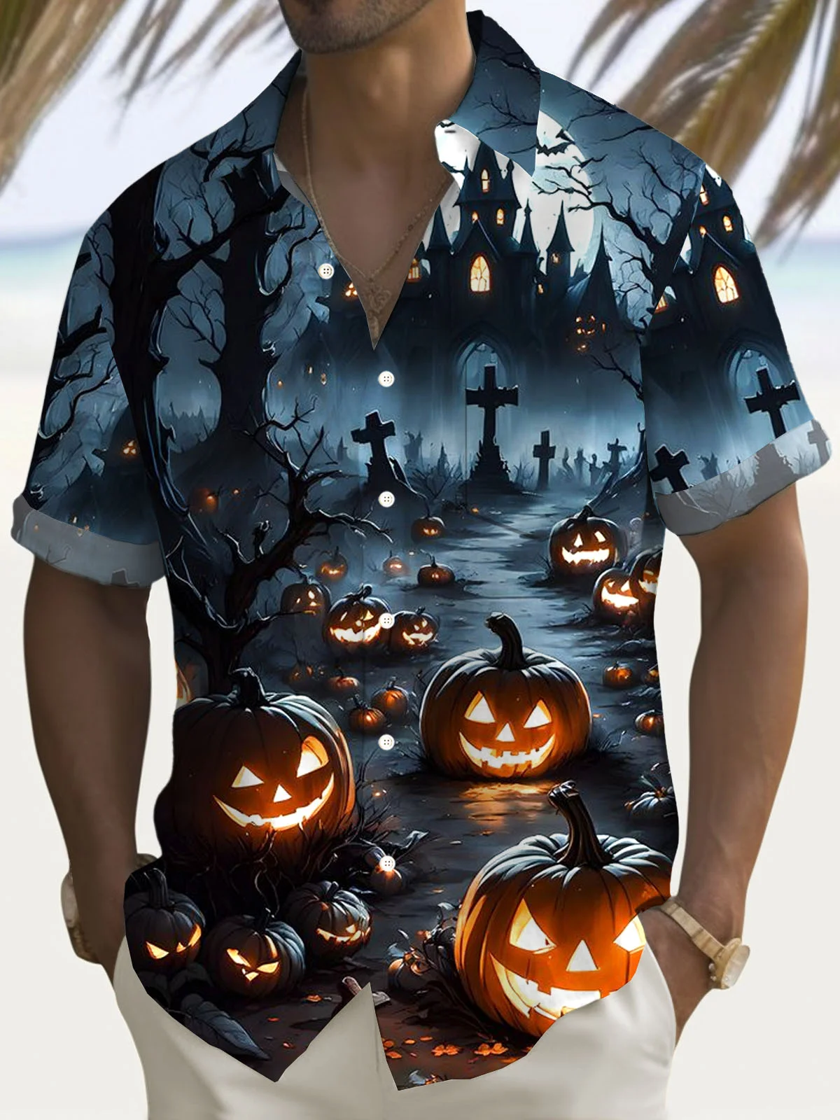 Royaura® Halloween Pumpkin Bat Gradient 3D Digital Print Men's Button Pocket Short Sleeve Shirt Big & Tall