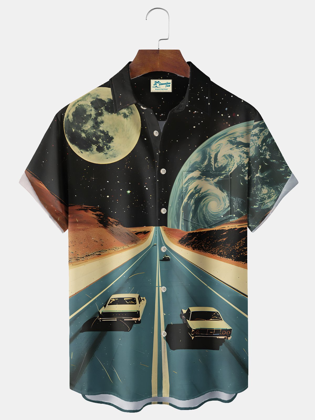 Royaura® Vintage Car Art Poster Print Chest Pocket Stretch Shirt Big Tall