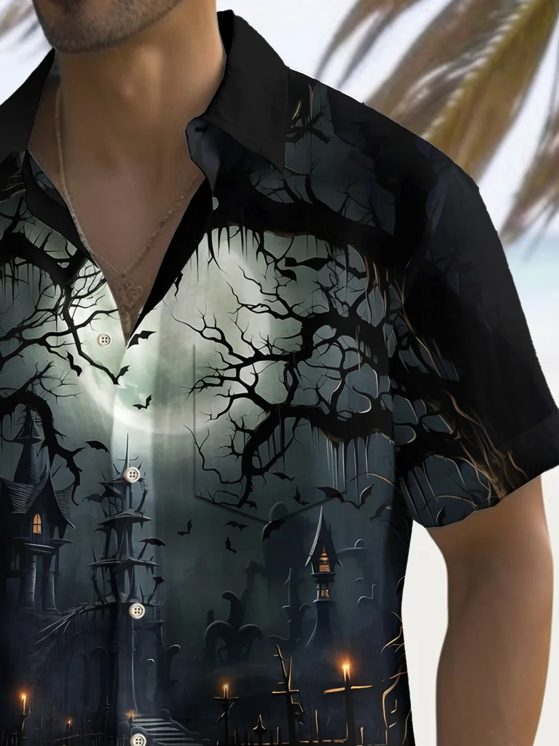 Royaura® Halloween Pumpkin Haunted House Print Men's Chest Pocket Stretch Shirt Big Tall