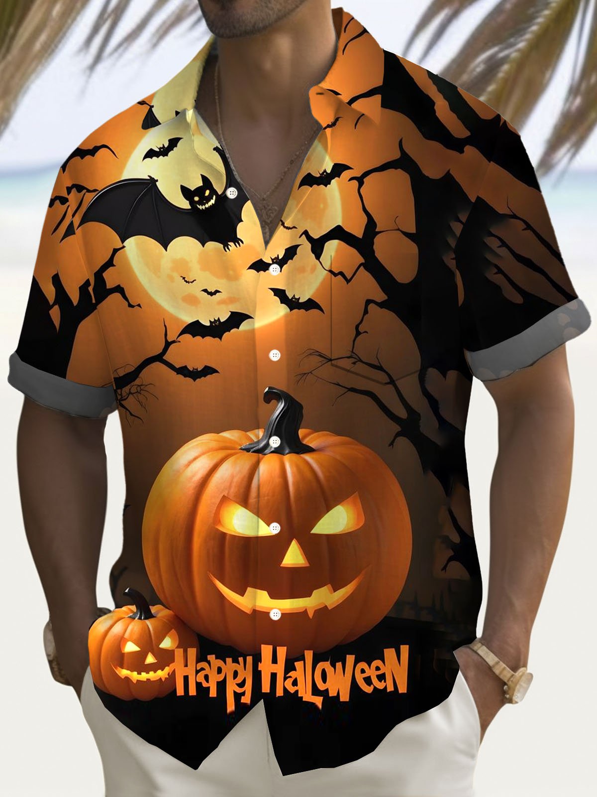 Royaura® Halloween Pumpkin Bat Gradient 3D Digital Print Men's Button Pocket Short Sleeve Shirt Big & Tall