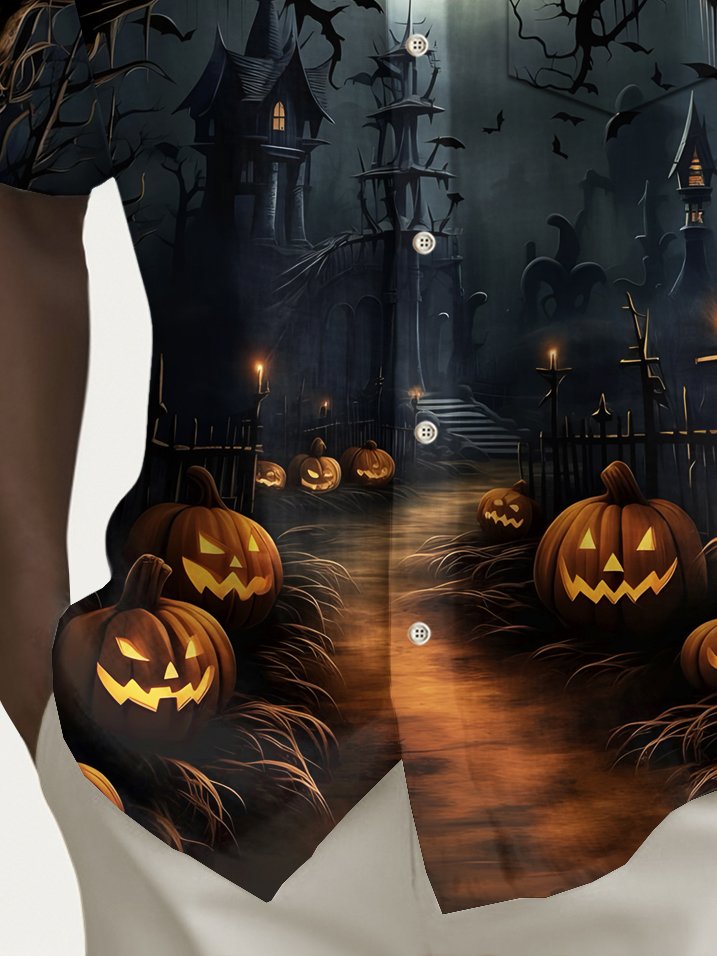 Royaura® Halloween Pumpkin Haunted House Print Men's Chest Pocket Stretch Shirt Big Tall