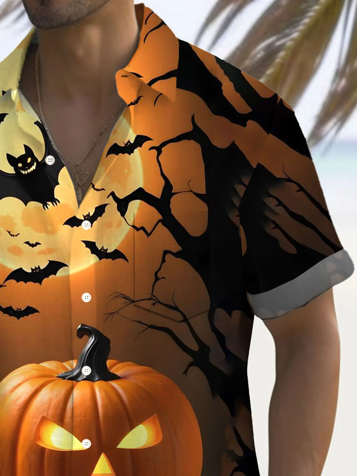 Royaura® Halloween Pumpkin Bat Gradient 3D Digital Print Men's Button Pocket Short Sleeve Shirt Big & Tall