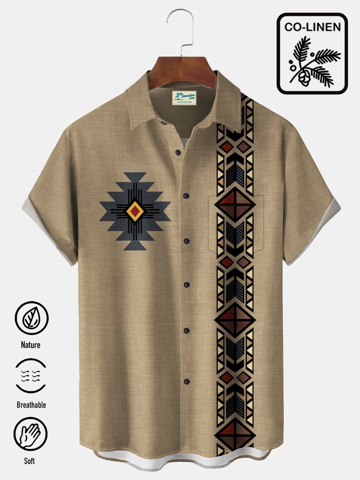 Royaura® Vintage Bowling Ethnic Pattern Print Men's Chest Pocket Stretch Shirt Big Tall