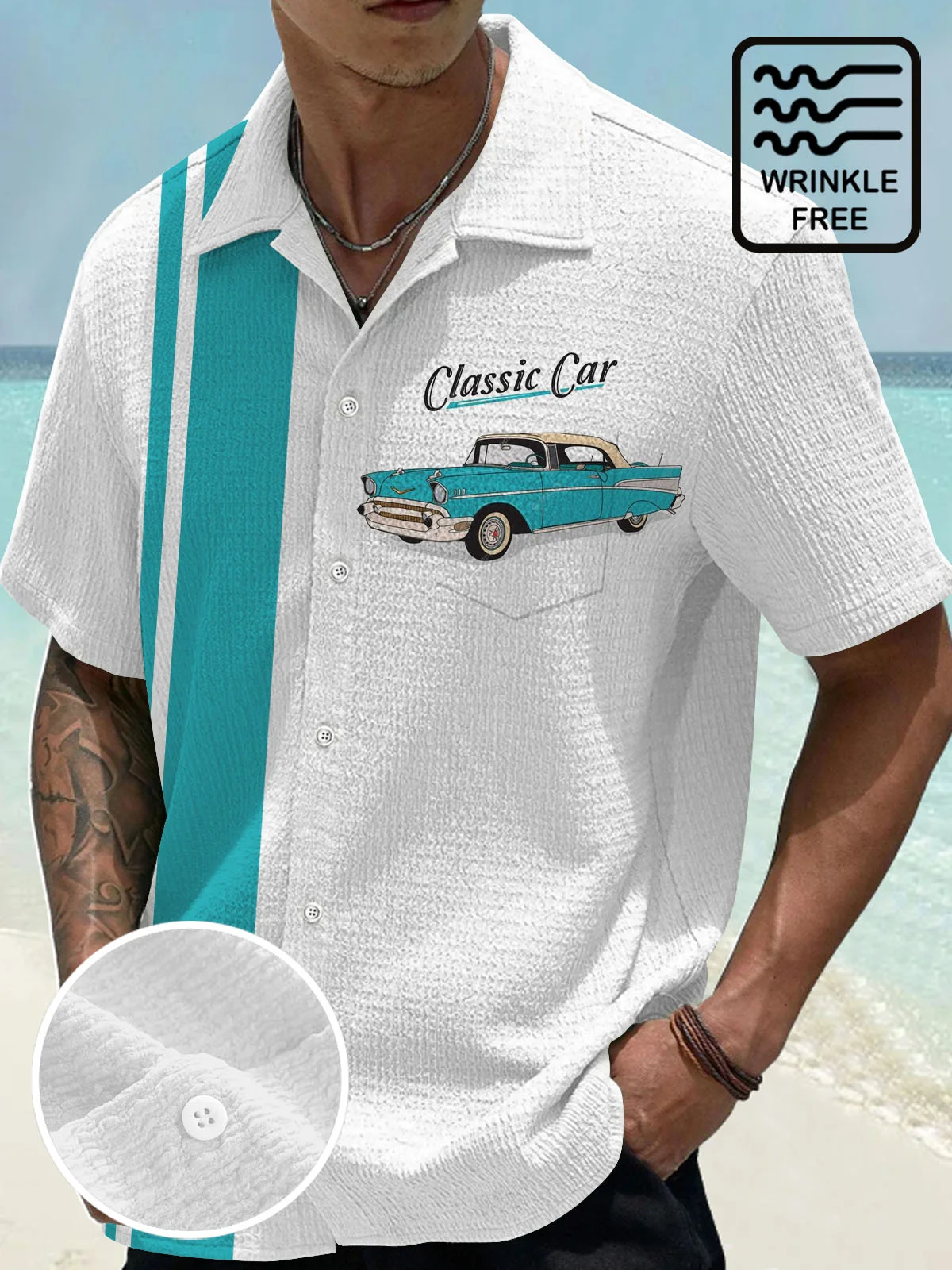 Royaura® Retro Classic Car 3D Digital Print Men's Button Pocket Short Sleeve Shirt Big & Tall