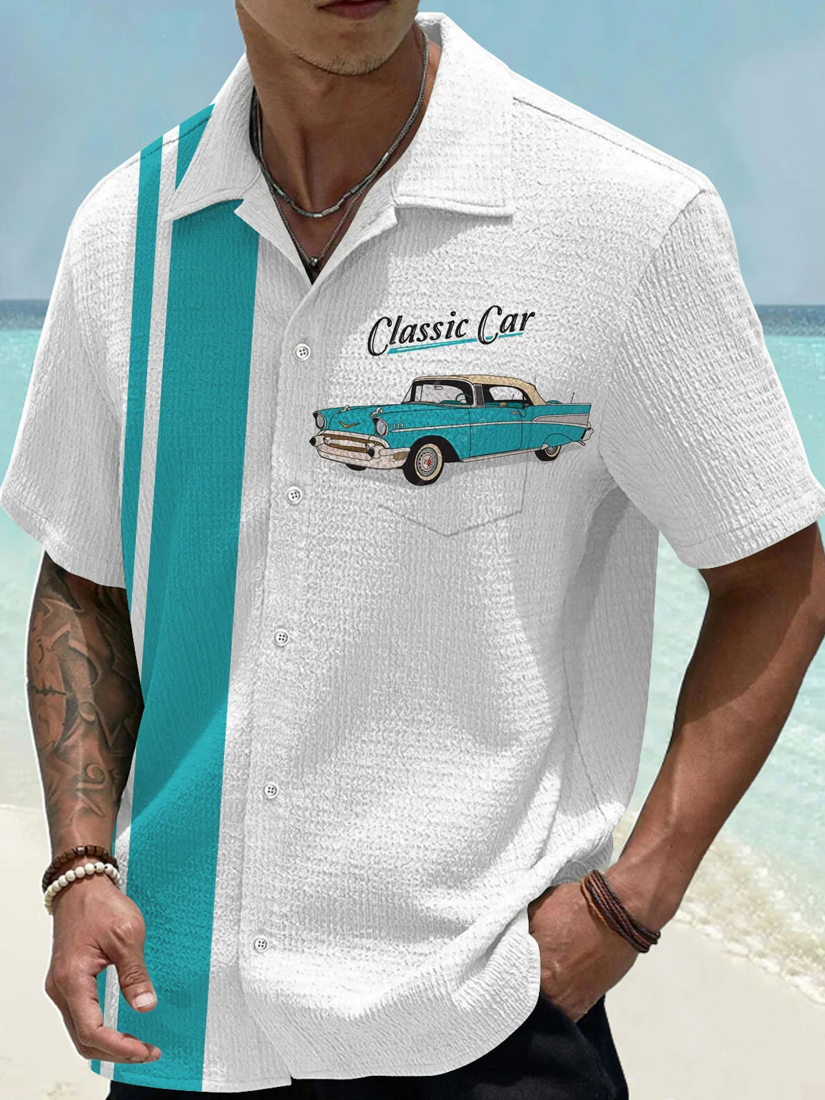 Royaura® Retro Classic Car 3D Digital Print Men's Button Pocket Short Sleeve Shirt Big & Tall