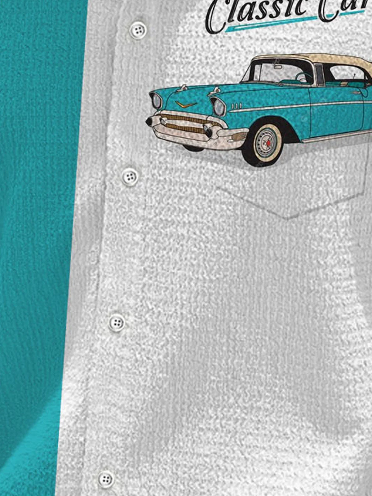 Royaura® Retro Classic Car 3D Digital Print Men's Button Pocket Short Sleeve Shirt Big & Tall