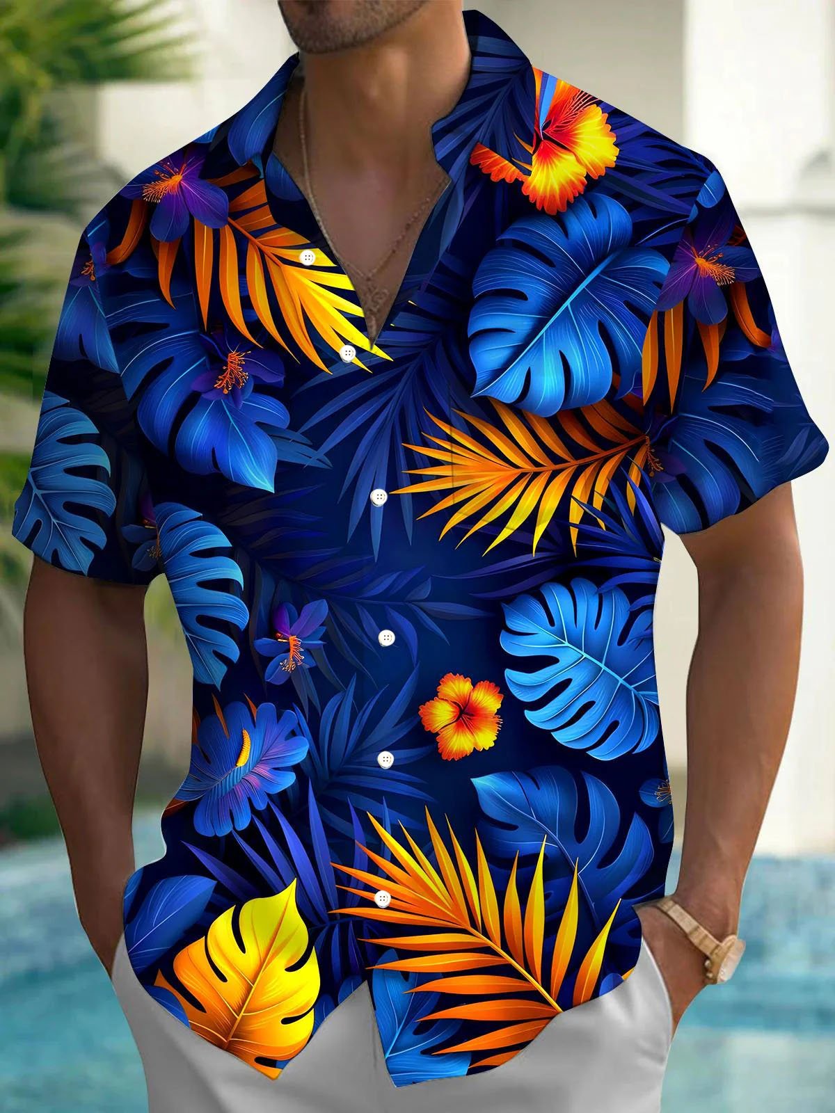 Royaura® Hawaiian Plant Coconut Tree 3D Digital Print Men's Button Pocket Short Sleeve Shirt Big & Tall