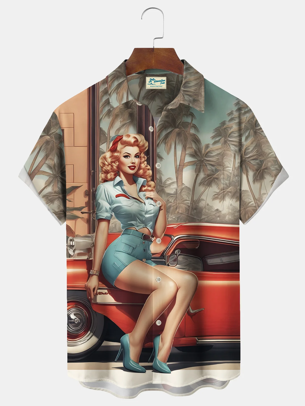 Royaura® Vintage Car Girl Poster Printed Men's Chest Pocket Stretch Shirt Big Tall