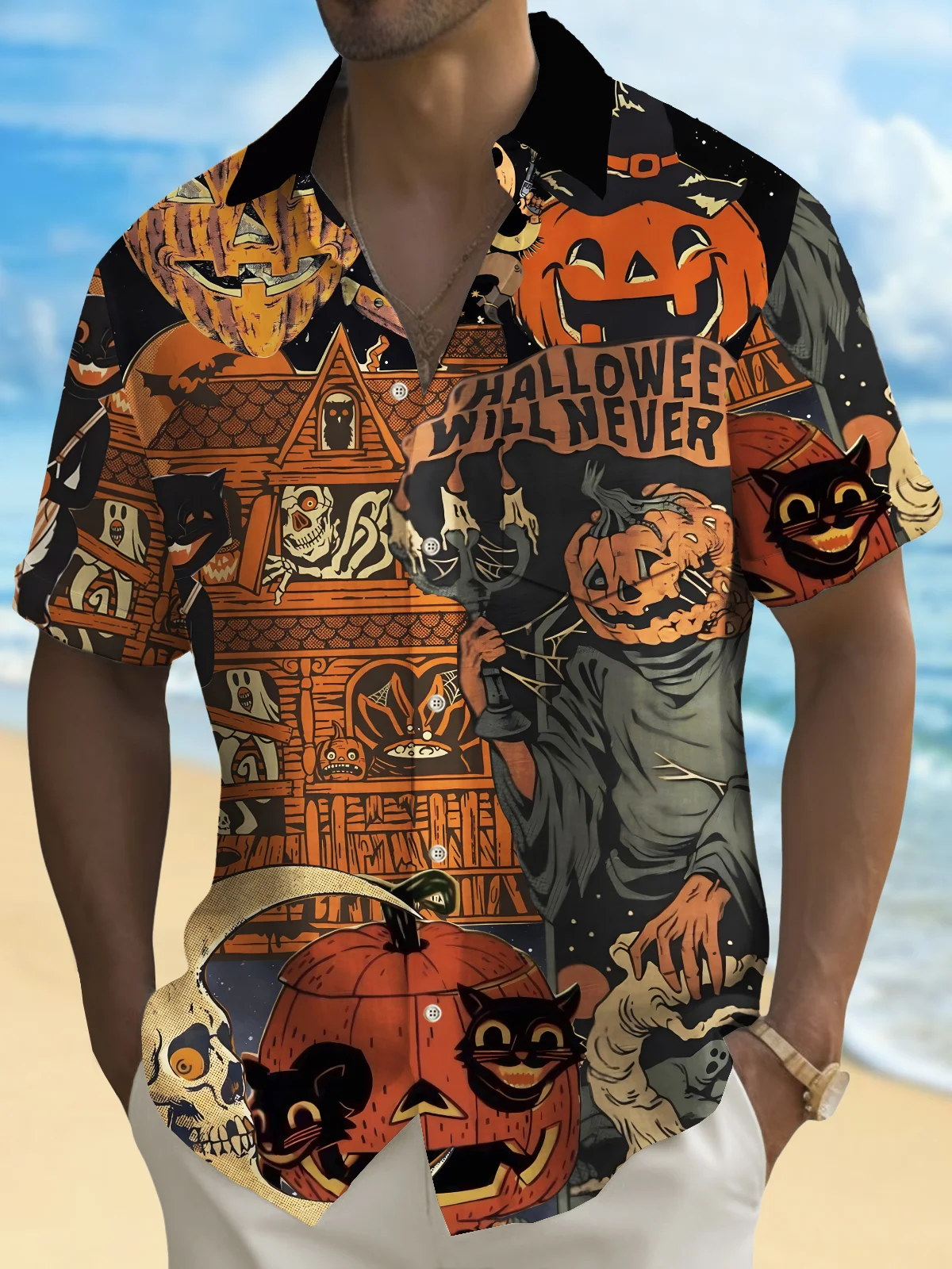 Royaura® Vintage Halloween Poster Print Men's Chest Pocket Stretch Shirt Big Tall