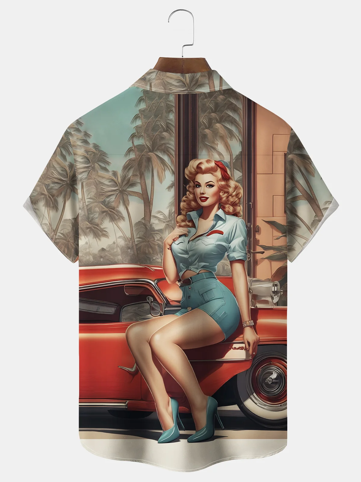 Royaura® Vintage Car Girl Poster Printed Men's Chest Pocket Stretch Shirt Big Tall