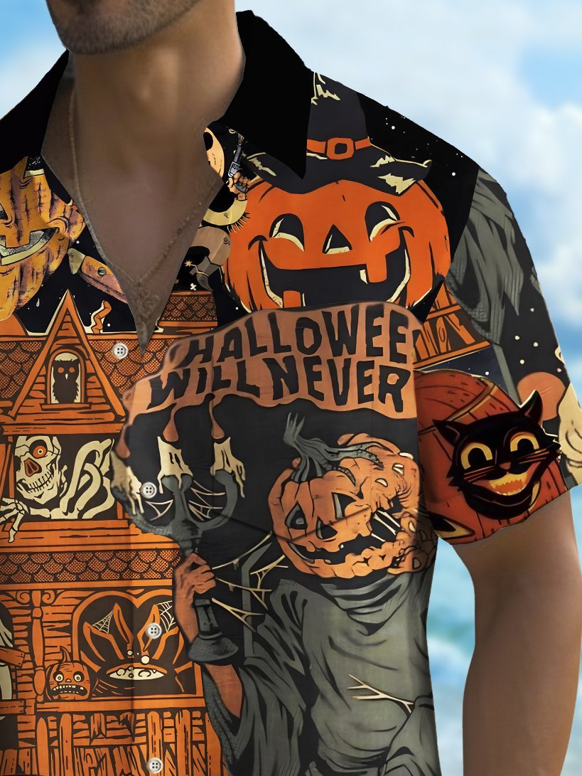 Royaura® Vintage Halloween Poster Print Men's Chest Pocket Stretch Shirt Big Tall