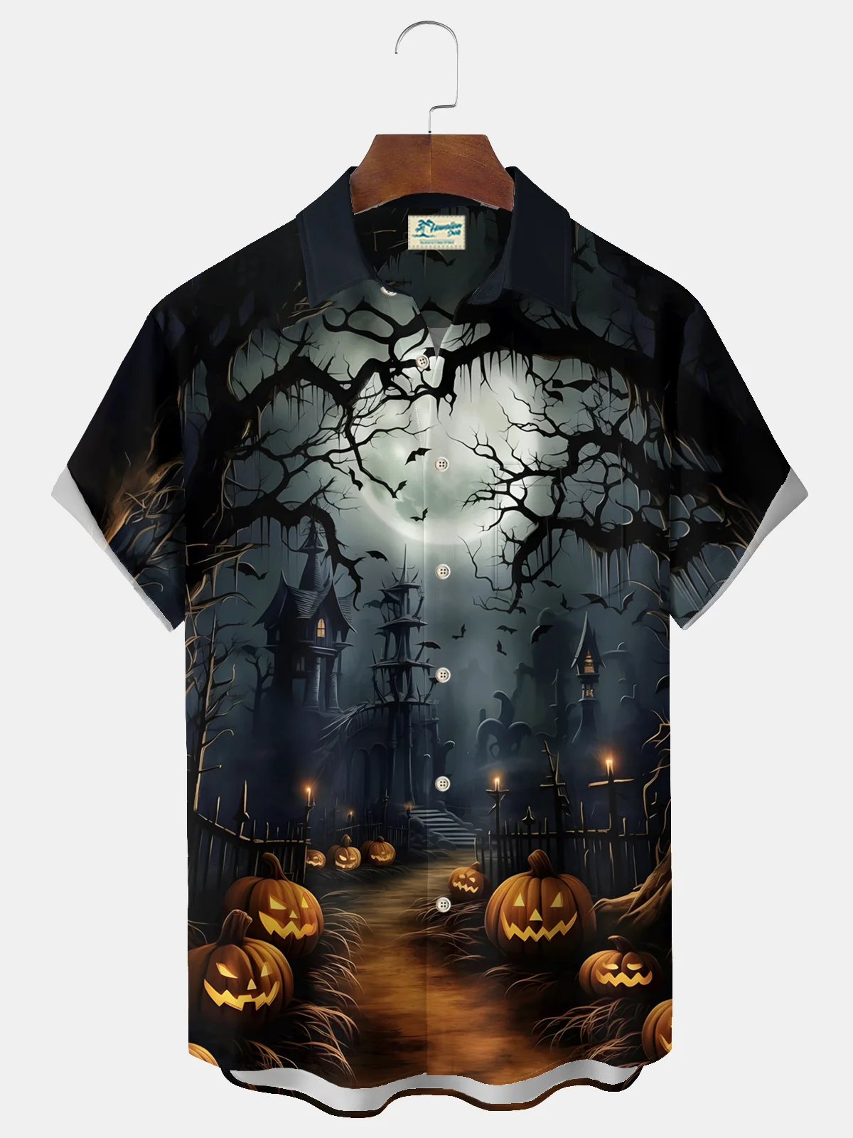 Royaura® Halloween Pumpkin Haunted House Print Men's Chest Pocket Stretch Shirt Big Tall