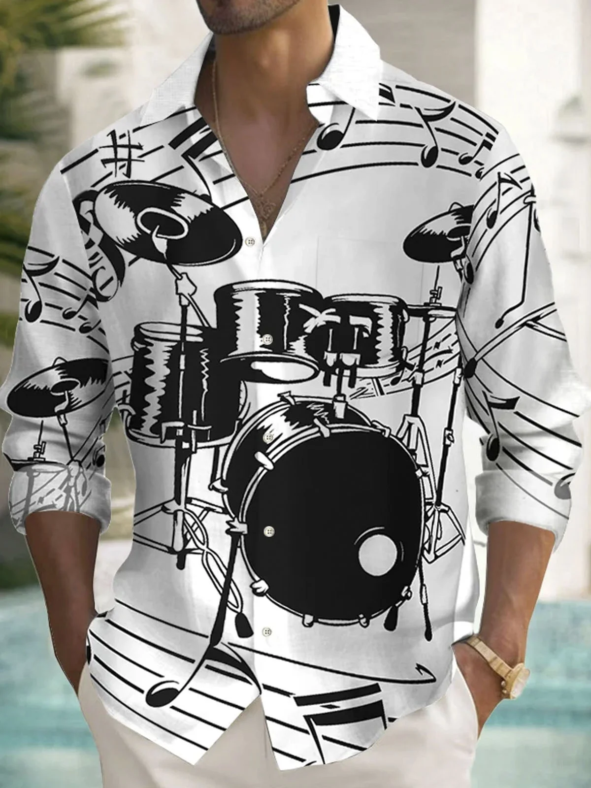 Royaura® Retro Music 3D Digital Print Men's Button Pocket Long Sleeve Shirt Big & Tall