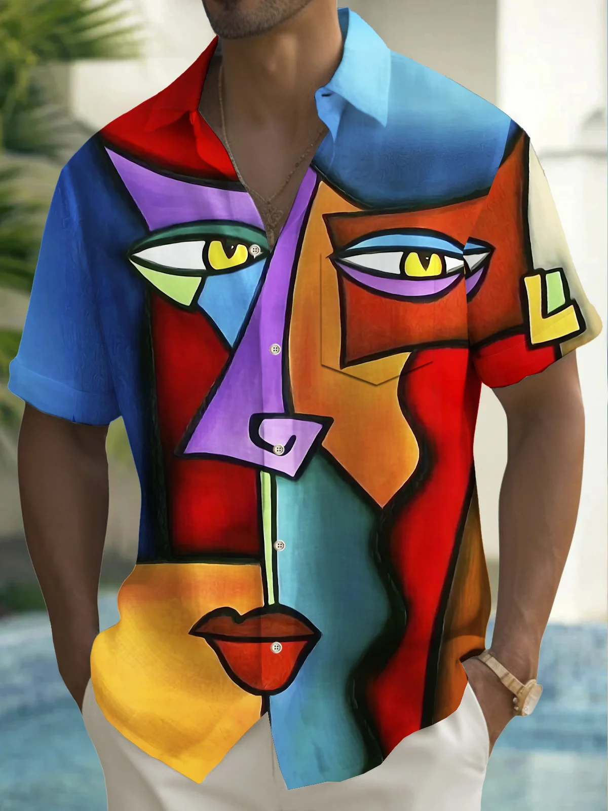 Royaura® Vintage Face Art Print Men's Chest Pocket Stretch Shirt Big Tall