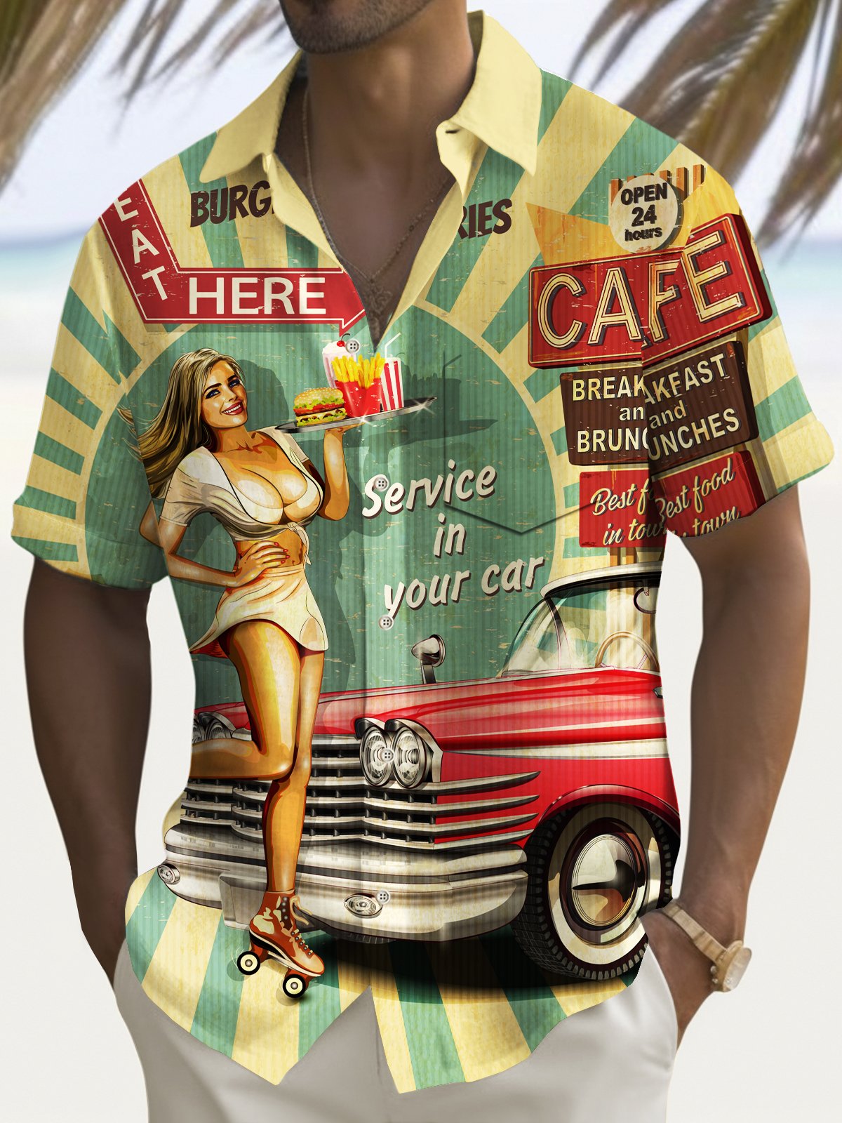 Royaura® Vintage Car Girl Poster Print Men's Chest Pocket Stretch Shirt Big Tall