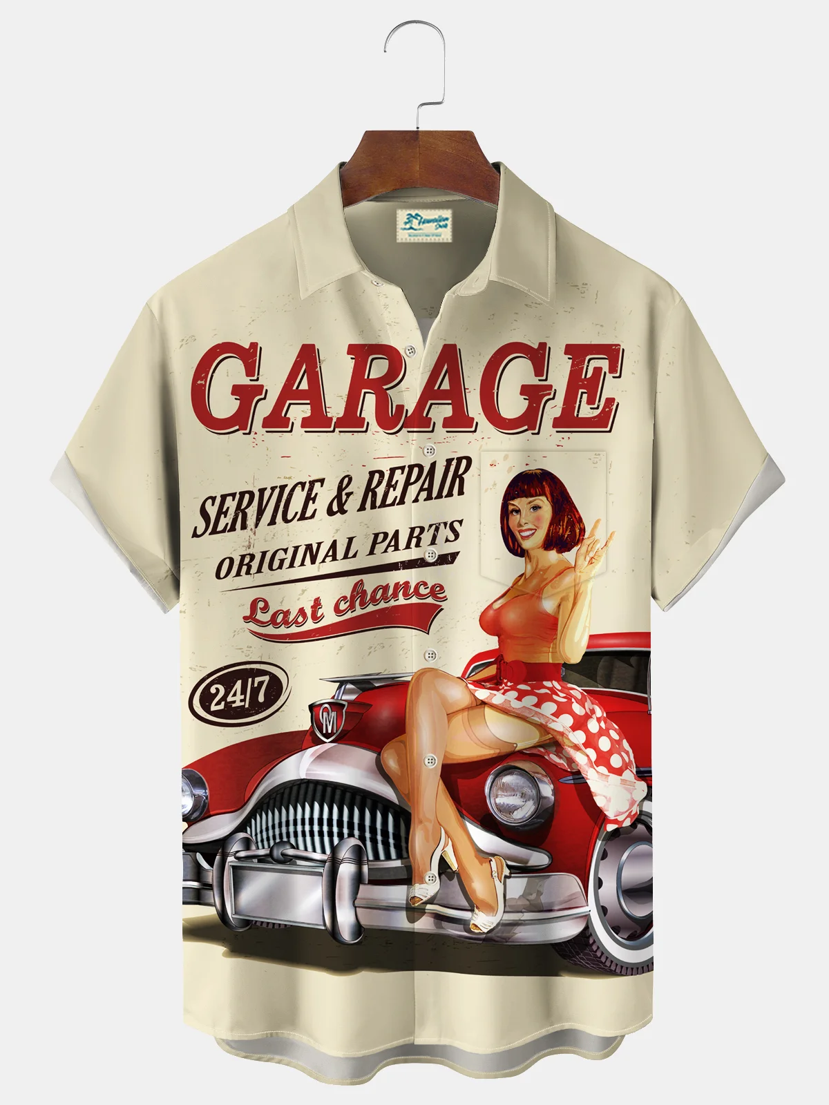 Royaura® Vintage Car Girl Poster Print Men's Chest Pocket Stretch Shirt Big Tall