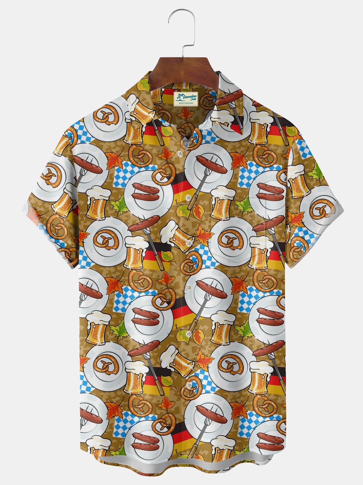 Royaura® Oktoberfest Beer Ham Print Men's Chest Pocket Stretch Shirt Big Tall