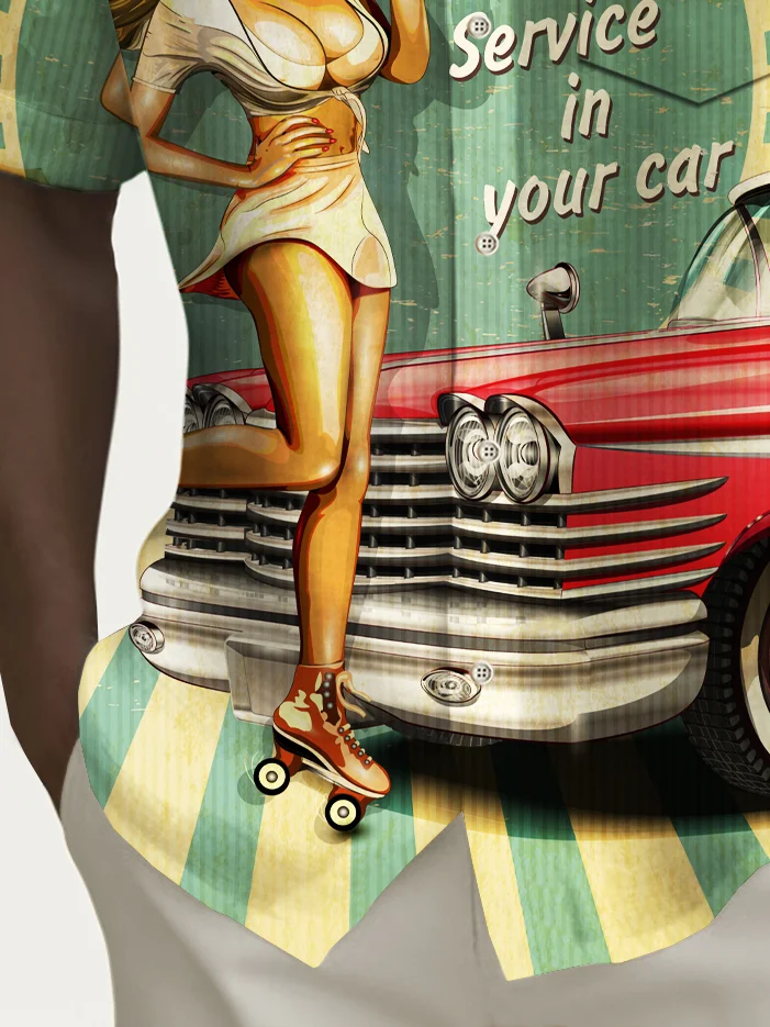 Royaura® Vintage Car Girl Poster Print Men's Chest Pocket Stretch Shirt Big Tall