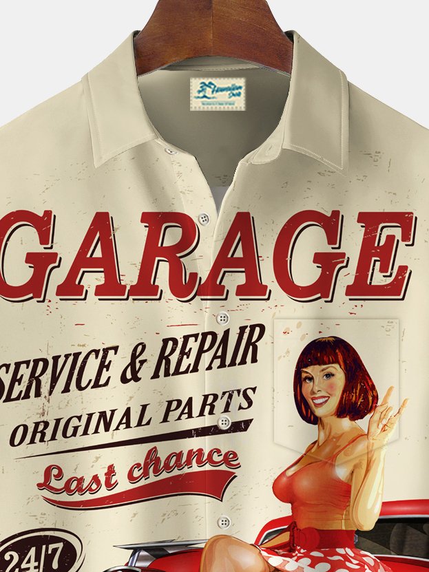 Royaura® Vintage Car Girl Poster Print Men's Chest Pocket Stretch Shirt Big Tall