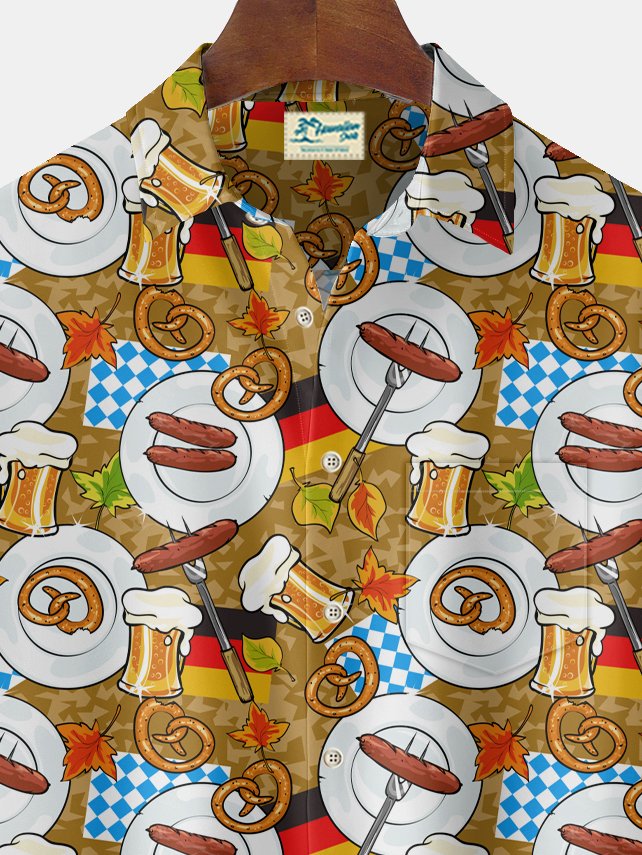 Royaura® Oktoberfest Beer Ham Print Men's Chest Pocket Stretch Shirt Big Tall