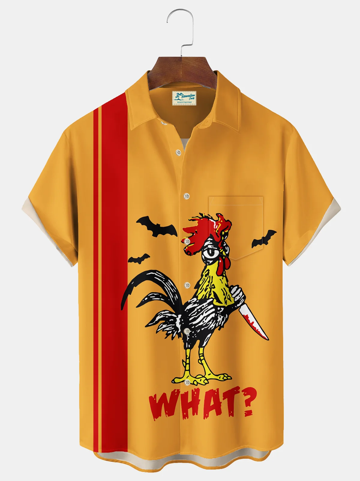 Royaura® Vintage Bowling Rooster Halloween Printed Men's Chest Pocket Stretch Shirt Big Tall