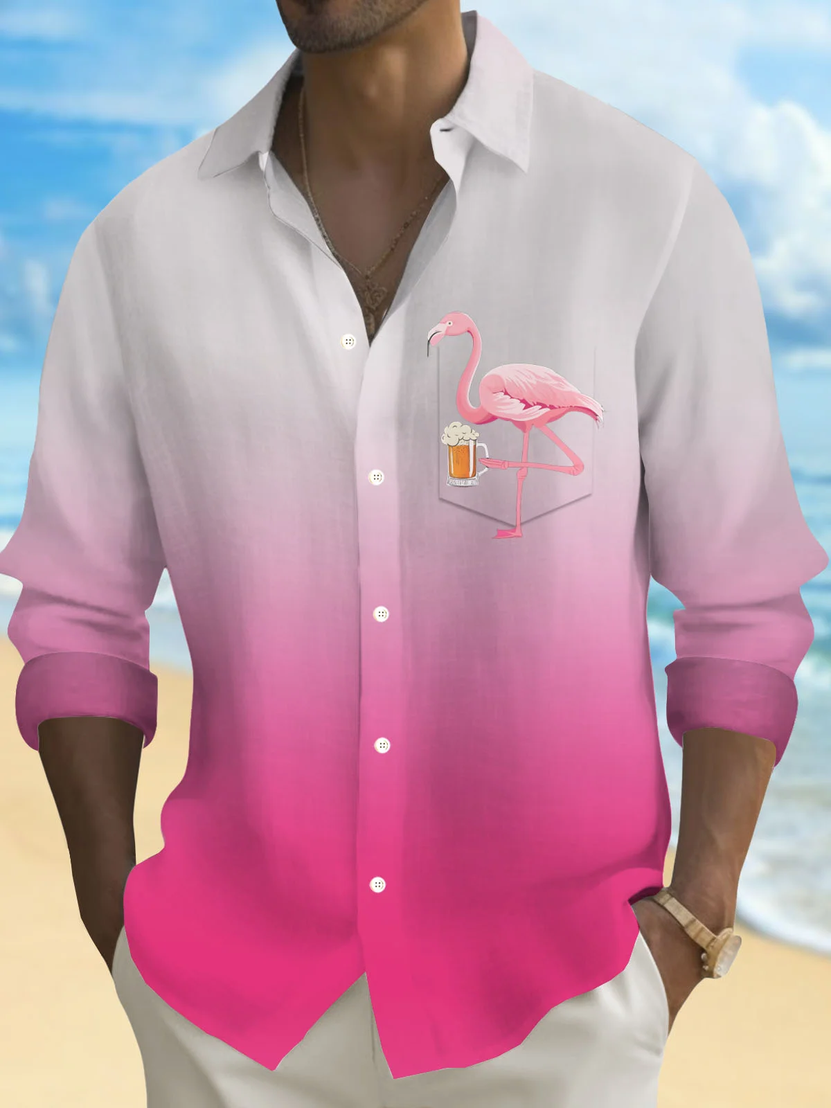 Royaura® Hawaiian Flamingo Beer Gradient 3D Digital Print Men's Button Pocket Long Sleeve Shirt Big & Tall