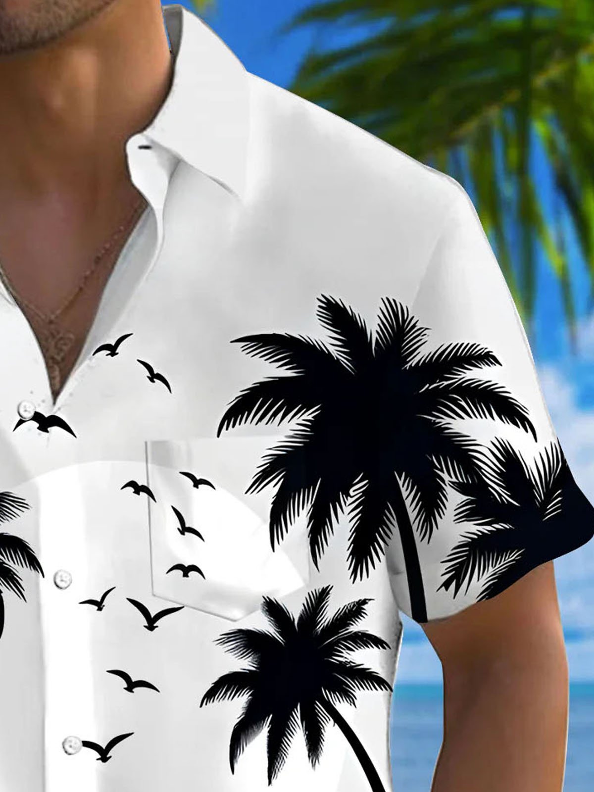 Royaura® Hawaiian Coconut Tree 3D Digital Print Men's Button Pocket Short Sleeve Shirt Big & Tall