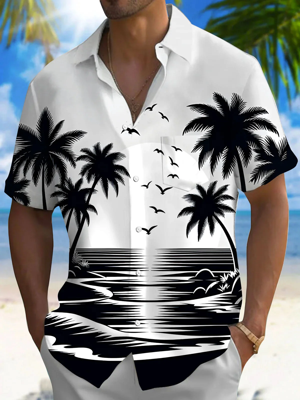 Royaura® Hawaiian Coconut Tree 3D Digital Print Men's Button Pocket Short Sleeve Shirt Big & Tall