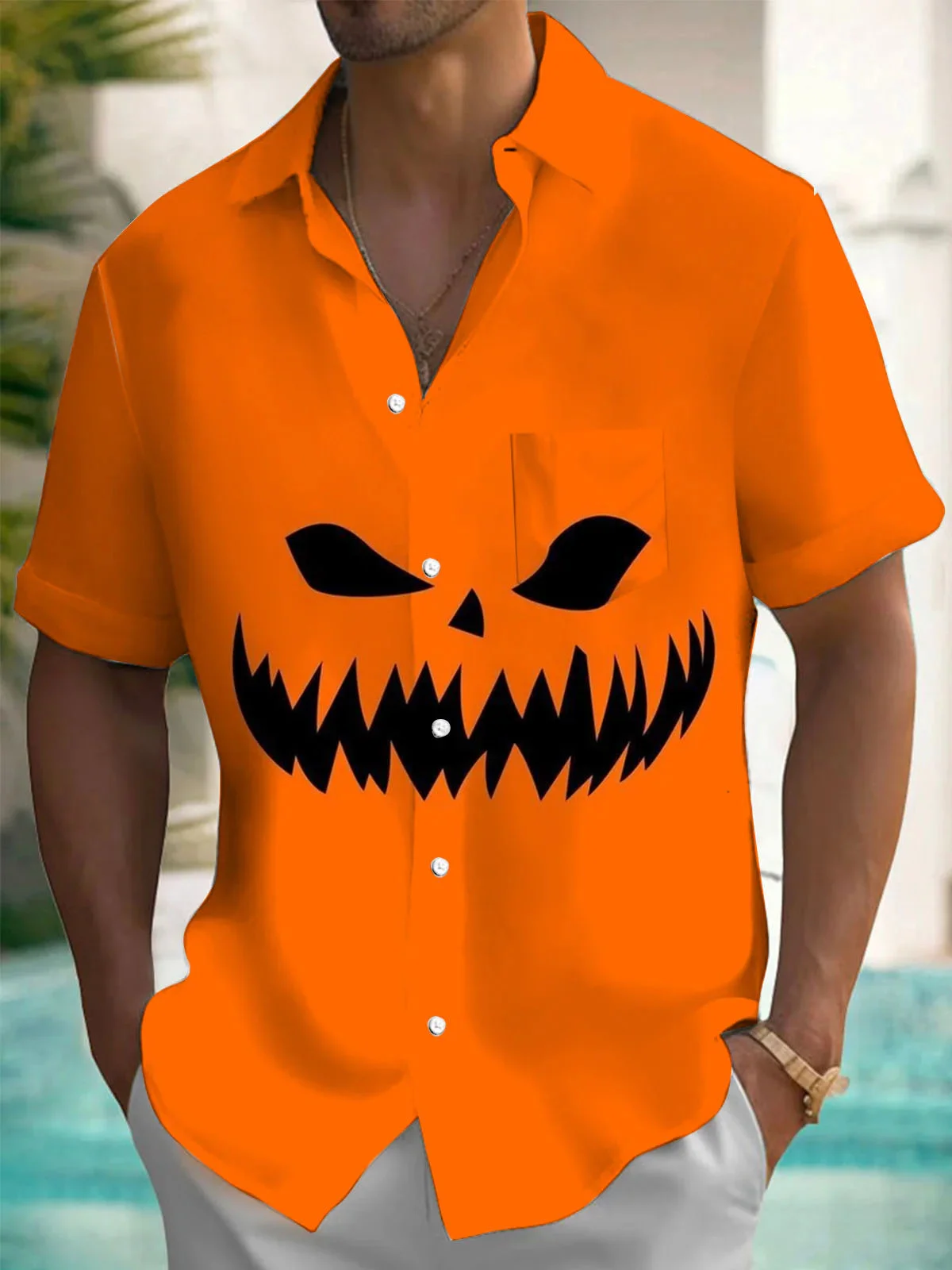 Royaura® Retro Halloween Pumpkin 3D Digital Print Men's Button Pocket Short Sleeve Shirt Big & Tall