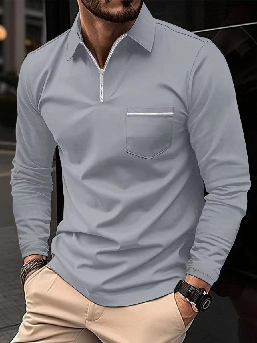 Royaura® Basic Men's Solid Color Zip Chest Pocket Stretch Comfortable Sports Long Sleeve Polo Shirt Big Tall