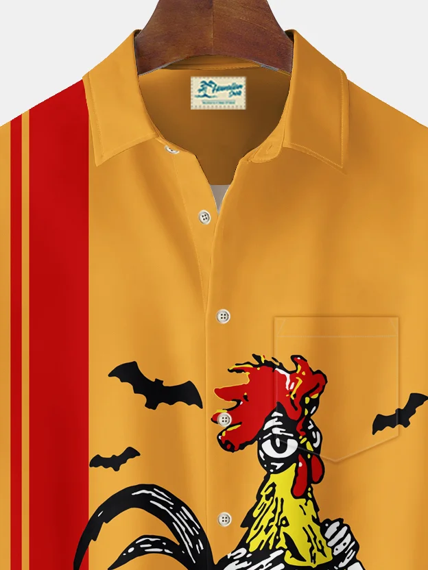 Royaura® Vintage Bowling Rooster Halloween Printed Men's Chest Pocket Stretch Shirt Big Tall