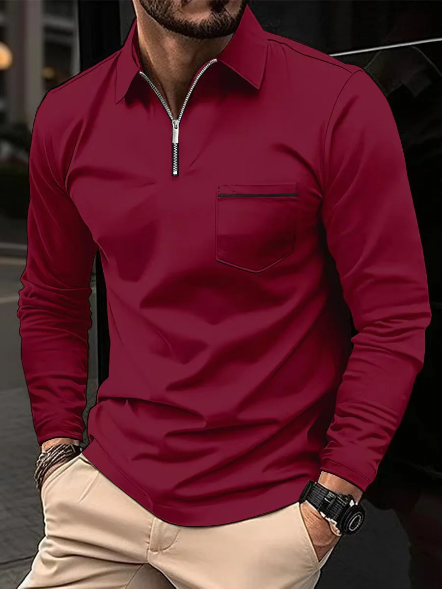 Royaura® Basic Men's Solid Color Zip Chest Pocket Stretch Comfortable Sports Long Sleeve Polo Shirt Big Tall