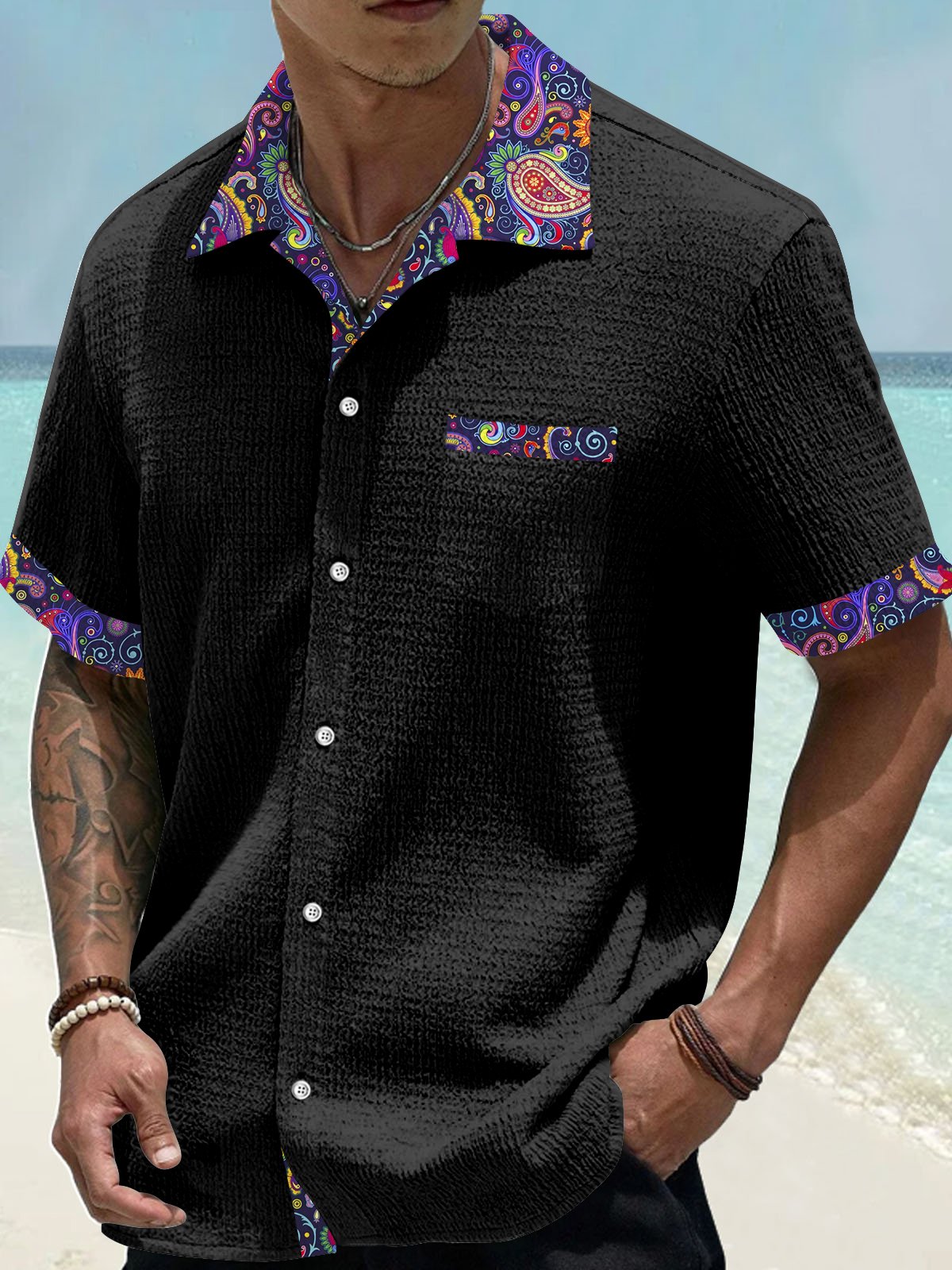 Royaura® Basic Paisley Patchwork Printed Men's Seersucker Stretch Shirt Big Tall