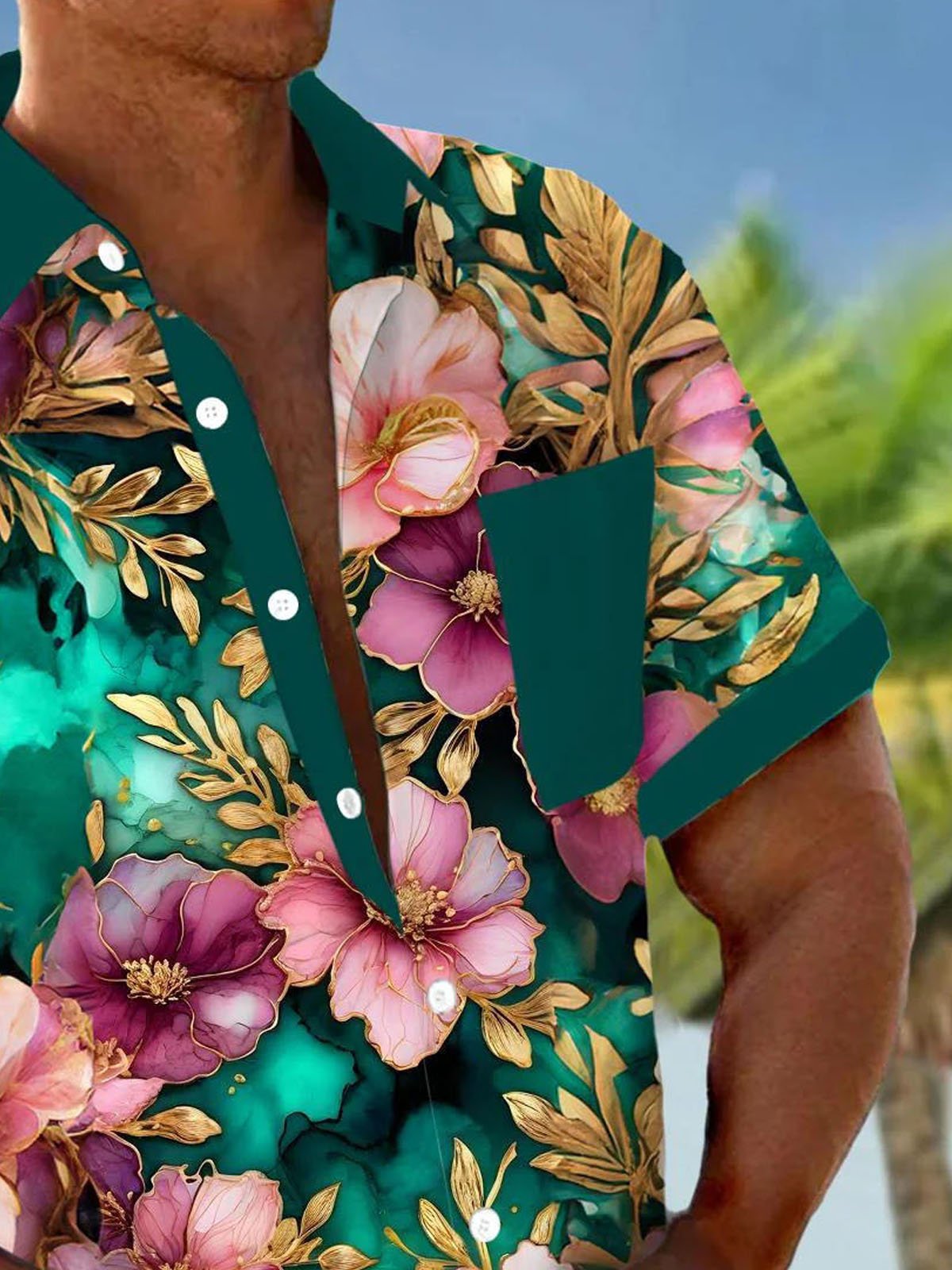 Royaura® Hawaiian Floral Contrast Color 3D Digital Print Men's Button Pocket Short Sleeve Shirt Big & Tall