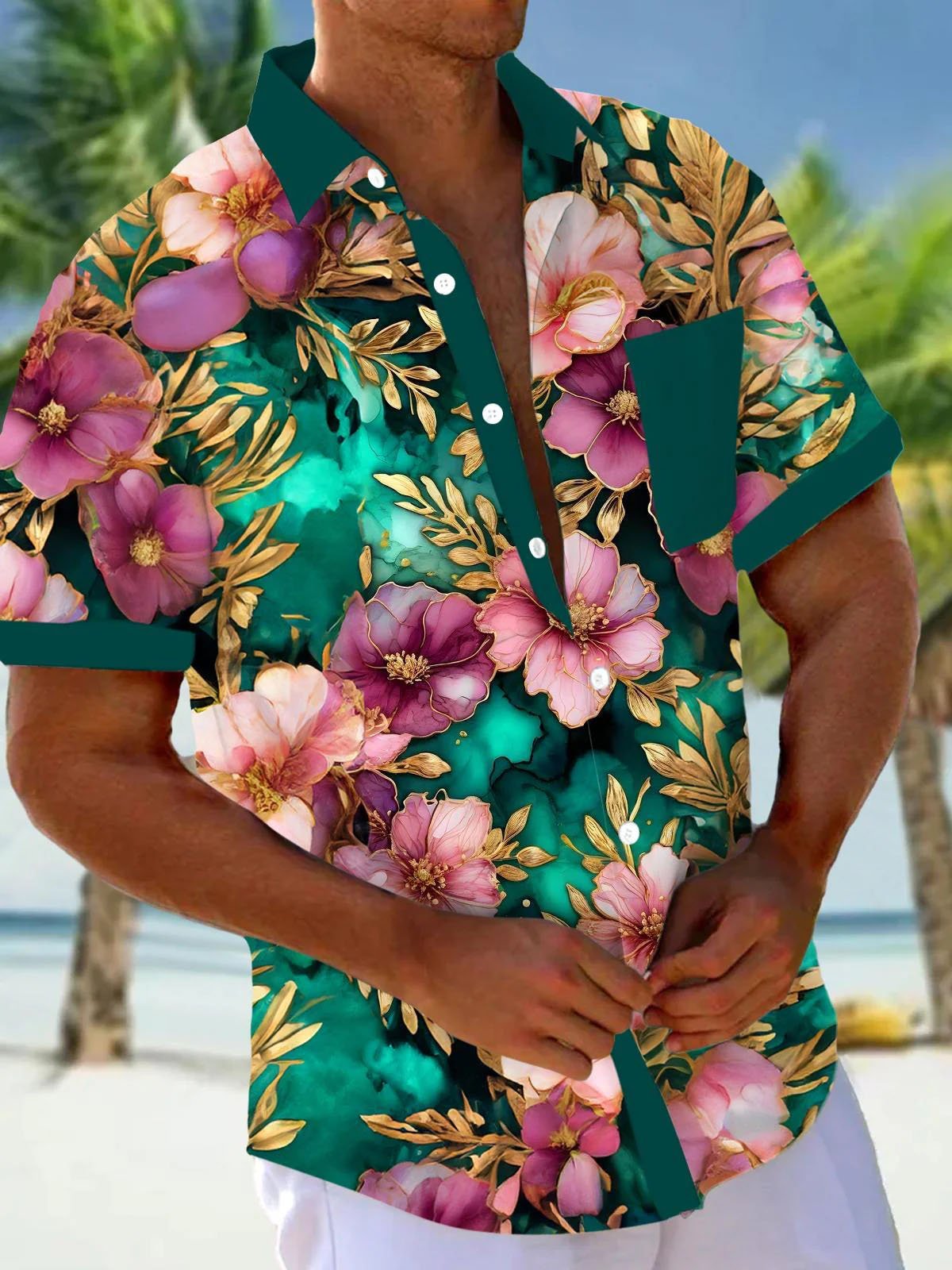 Royaura® Hawaiian Floral Contrast Color 3D Digital Print Men's Button Pocket Short Sleeve Shirt Big & Tall