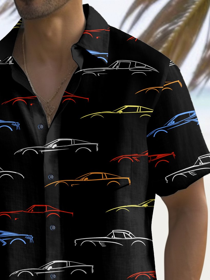 Royaura® Vintage Car Print Men's Chest Pocket Stretch Shirt Big Tall