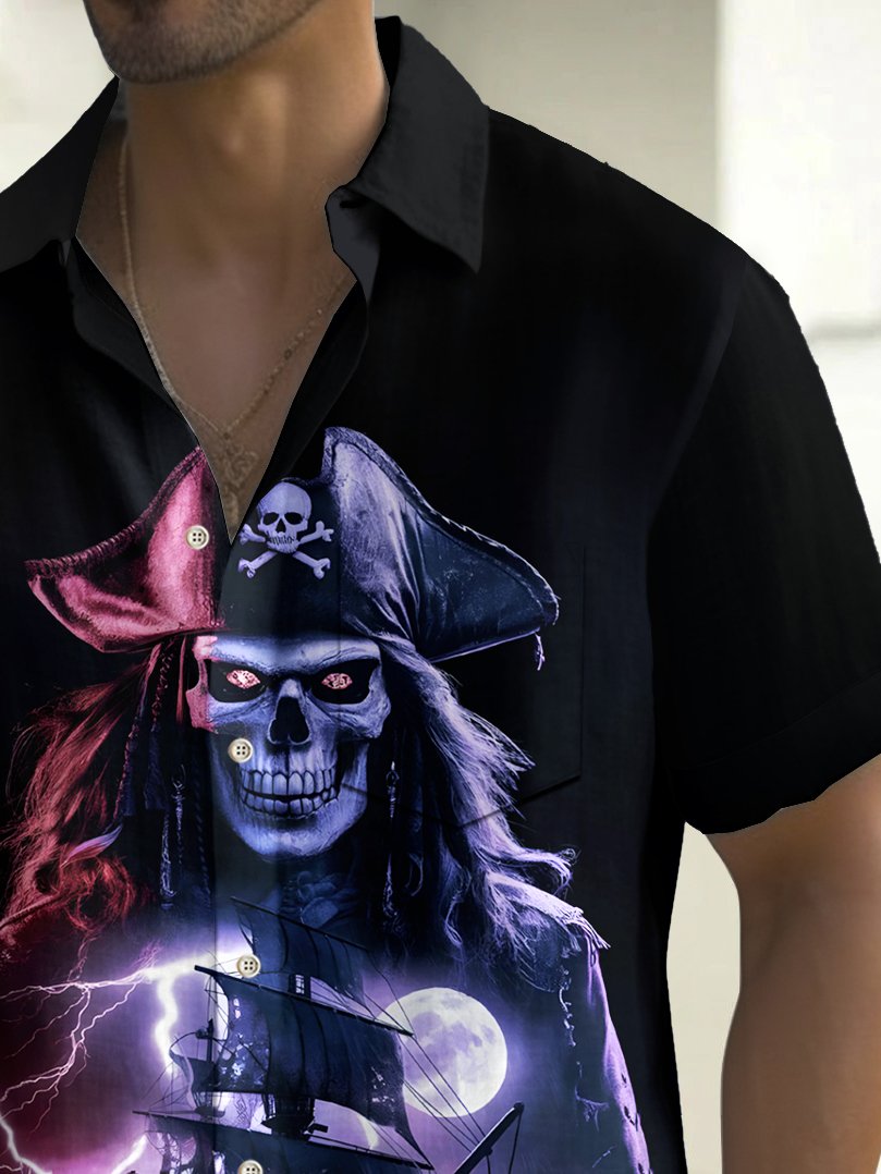 Royaura® Halloween Skull Captain Print Men's Chest Pocket Stretch Shirt Big Tall